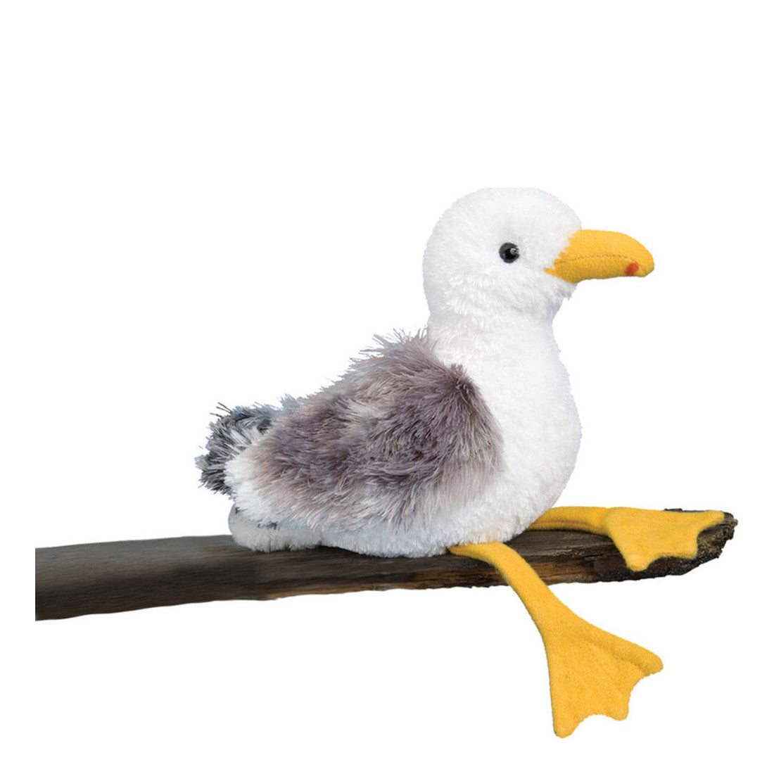 This is Seymour by Douglas Cuddle Toys. Seymour is a sitting seagull with predominantly white fur on the head, neck, chest and belly described as short, dense and with a soft sheen; the wings and upper tail show longer, shaggy grey fur with mottled darker grey and black tips and a slightly tousled texture. The beak is yellow, slightly pointed and stitched with a small orange spot at the tip. The webbed feet are yellow and flat, extending forward. The eyes are black and round. No garments or accessories...