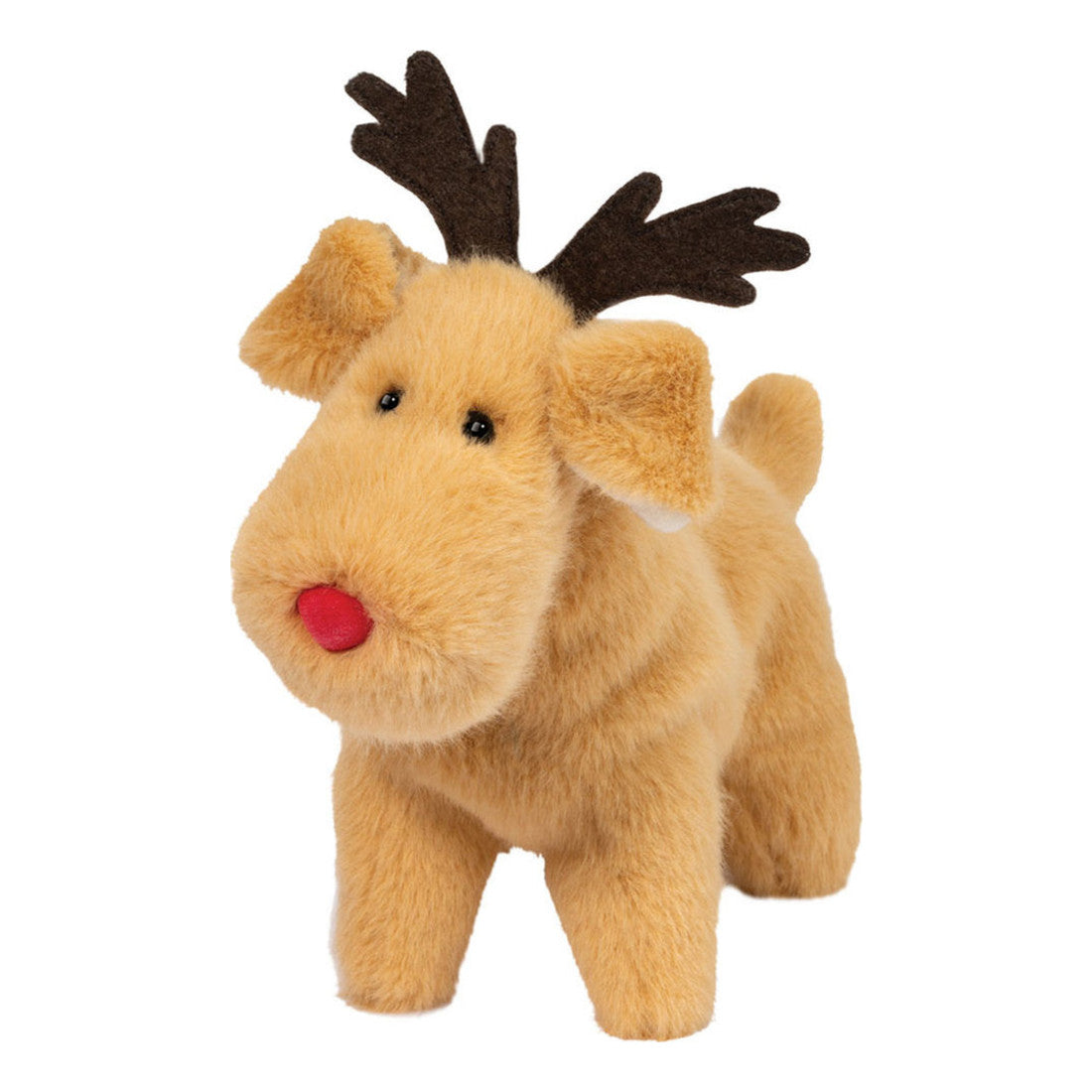 Det här är en renhund från Douglas Cuddle Toys. Pälsen är beige, kort till medellång, rak och med svag glans. Nosen är beige och rundad med en liten rund röd nostipp, ögonen är små och svarta. Öronen är beiga, hängande och rundade i spetsarna med ljusare insida. Ben och tassar är beiga och proportionerliga, svansen är kort och beige. Två platta, mörkbruna horn sitter på huvudet. Hunden står på alla fyra i en fast ställning och har ett milt, nyfiket uttryck.