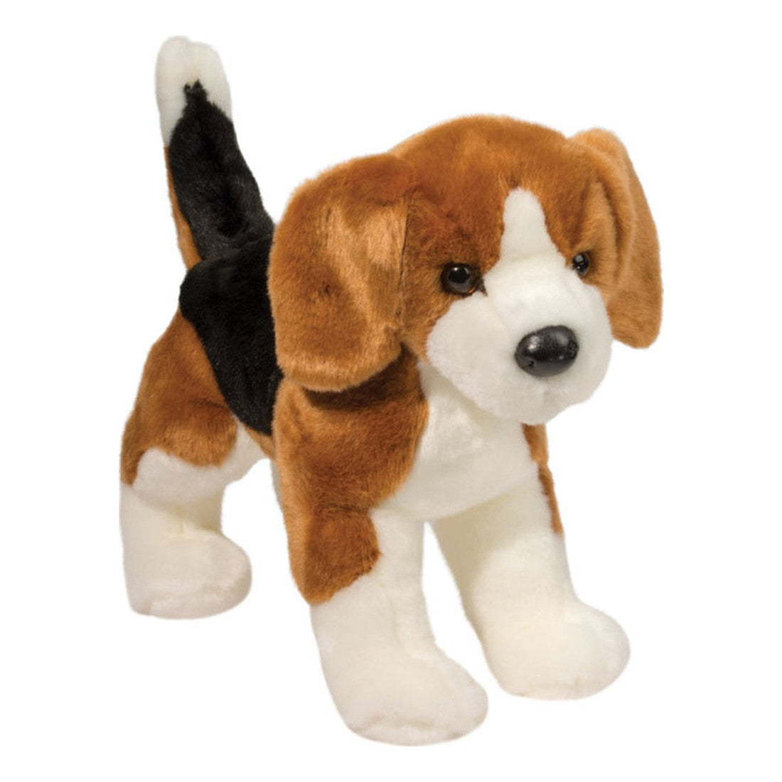 This is Bernie by Douglas Cuddle Toys. Bernie is a standing tricolour dog with short, smooth fur that has a slight sheen. The fur colours are brown, black and white. The muzzle is white, the inner ears are brown, the tummy is white, the paws are white and the paw pads appear white. The eyes are brown and the nose is black and rounded-oval. Markings include a white blaze on the forehead, a black saddle across the back and a white tip at the end of the tail. The plush has long floppy ears, a straight upr...