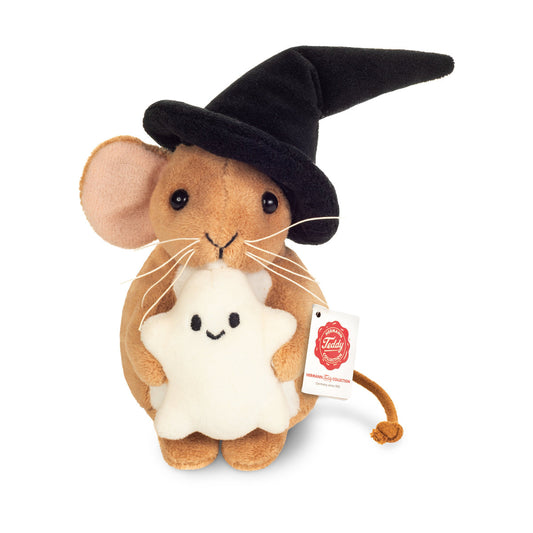 Det här är en liten halloweenmus med spöke från Teddy-Hermann. Kort, slät päls med svag glans: varmbrun kropp, vit mage, rosa insida på öronen och vit haka på nosen. Tassar och trampdynor är varmbruna, ögonen svarta och runda, nosen liten och svart med ett kort lodrätt stygn. Hen bär en svart, spetsig häxhatt med mjuk yta och håller ett litet vitt spöke med sytt svart leende. Sittande och ej ledad, med en mild, nöjd min.
